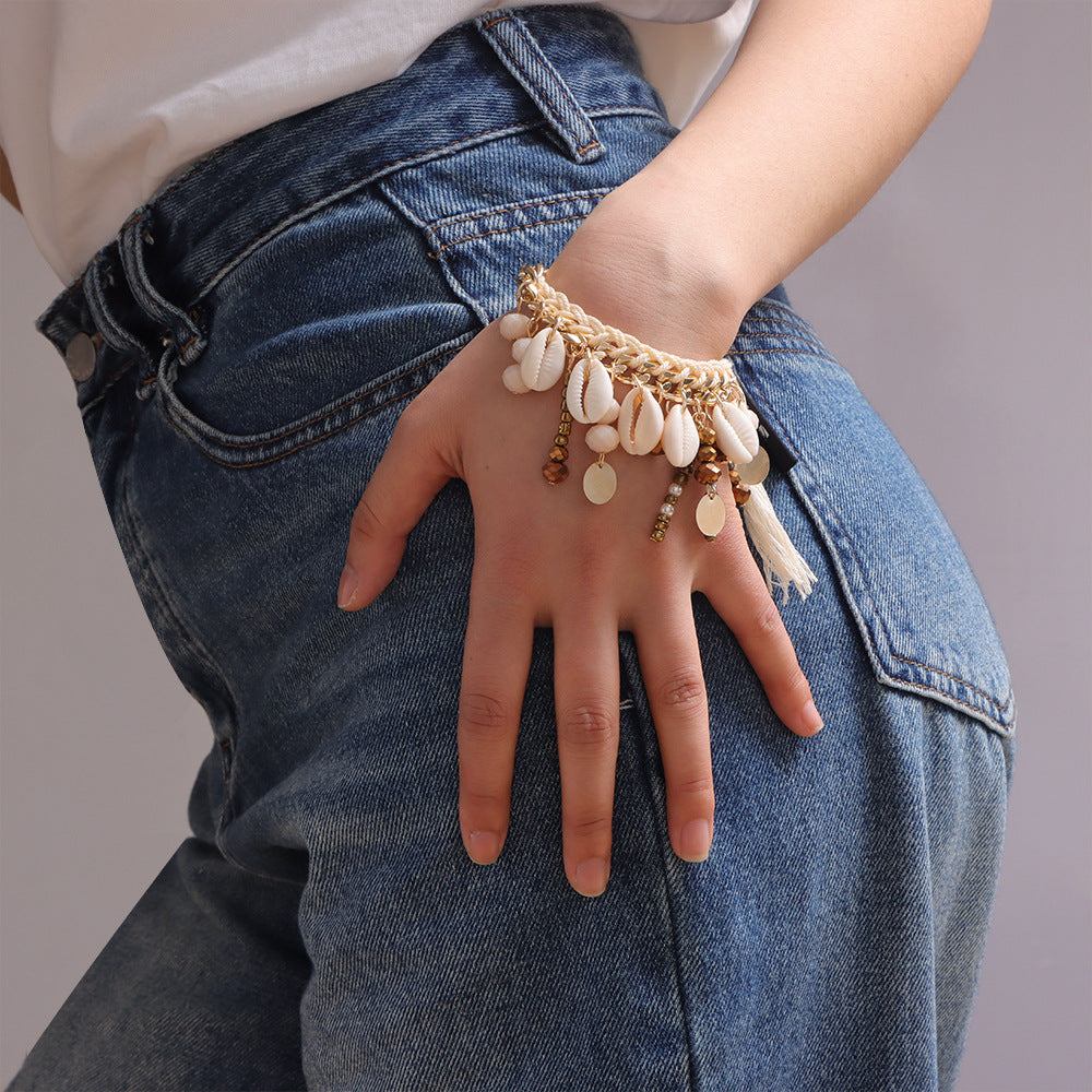 Amazon's Hottest Bohemian Style Bracelet Braided Rope Shell Beaded Disc Tassel Bracelet Fashionable Versatile Bracelet - view 2