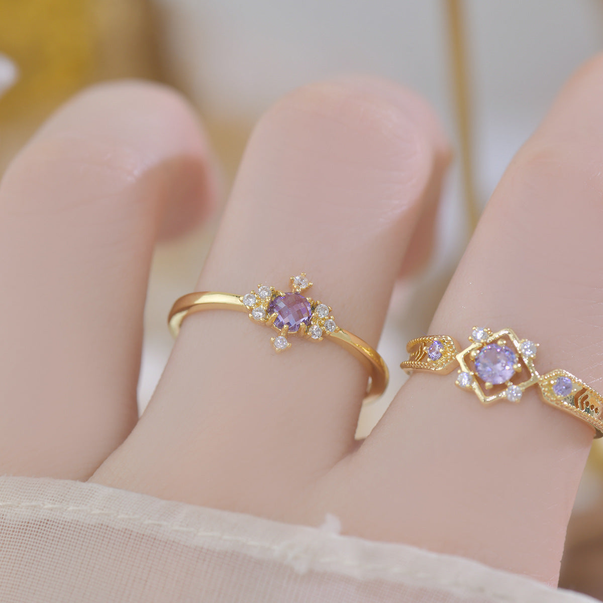 A756 French Design Olive Green Palace Retro Open Ring Purple Zircon Suit Ring Women's Ring - view 4