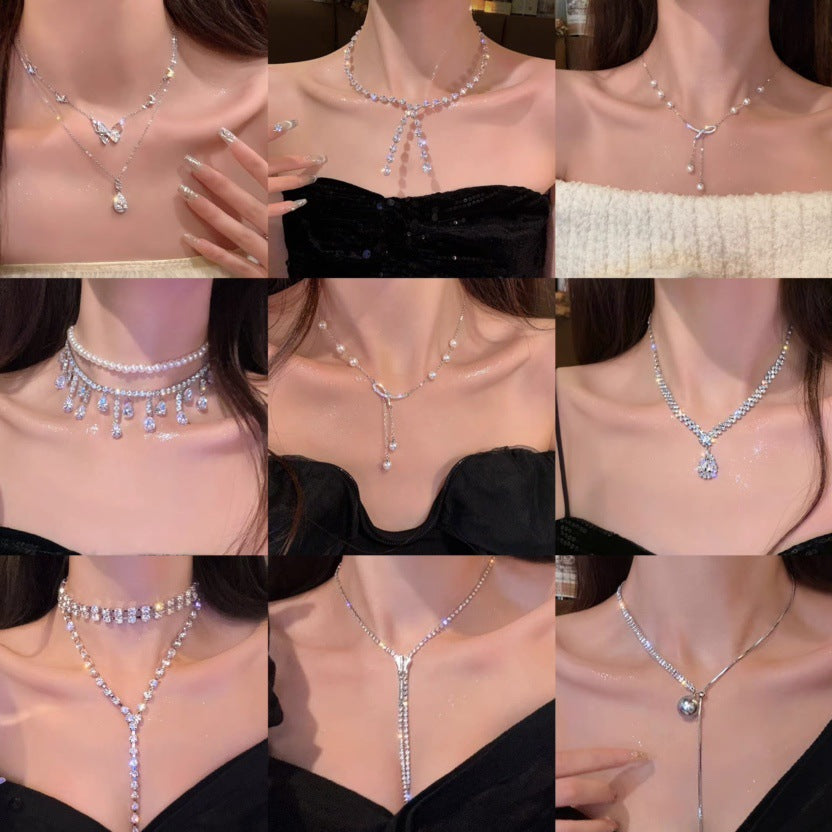 Zircon Pearl Drop Necklace High-grade Light Luxury Elegant Long Sweater Chain Dress Versatile New Necklace Necklace Necklace - front view