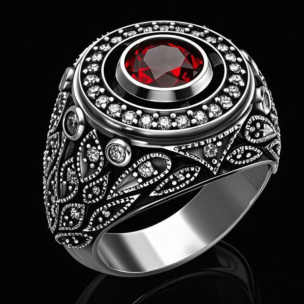 Sanjie    New Men's Ring Silver Inlaid Ruby Men's Ring Full Diamond Jewelry - front view