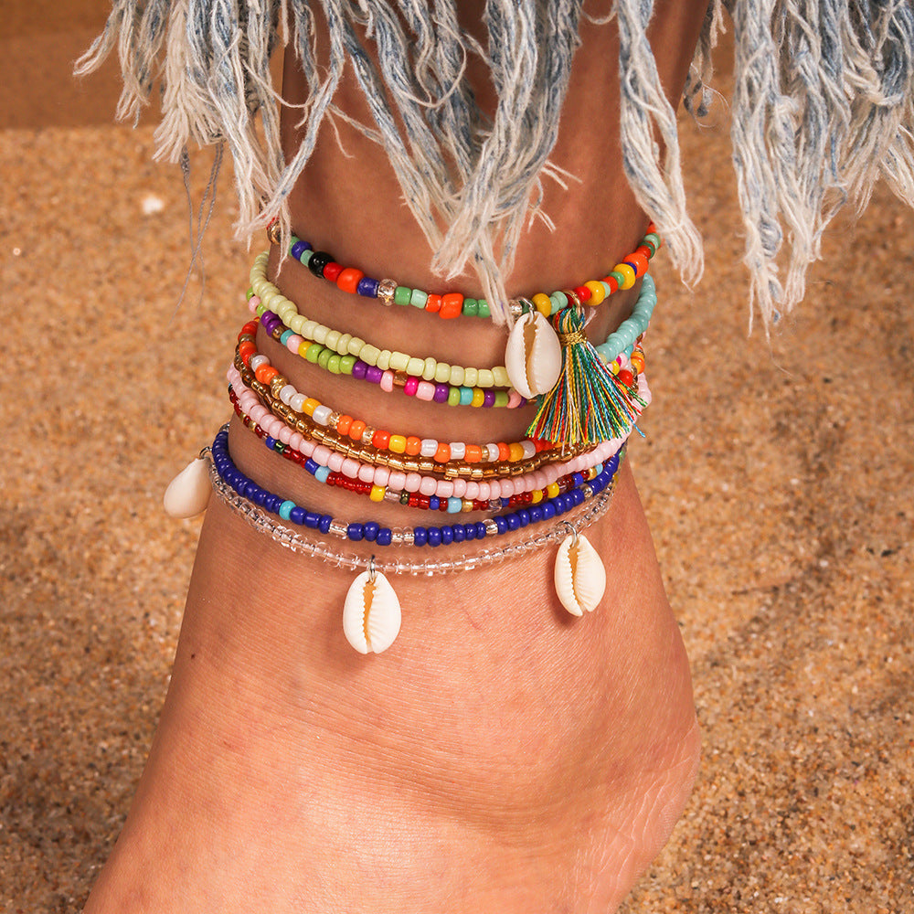Jewelry New Colorful Rice Beads Shell Anklet Suit Fashion Seaside Travel Commemorative Anklet Accessories - front view