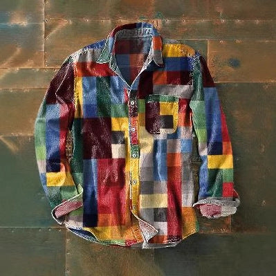 Wholesale Men's Polyester Casual Color Block Long Sleeve Men's Shirts - front view