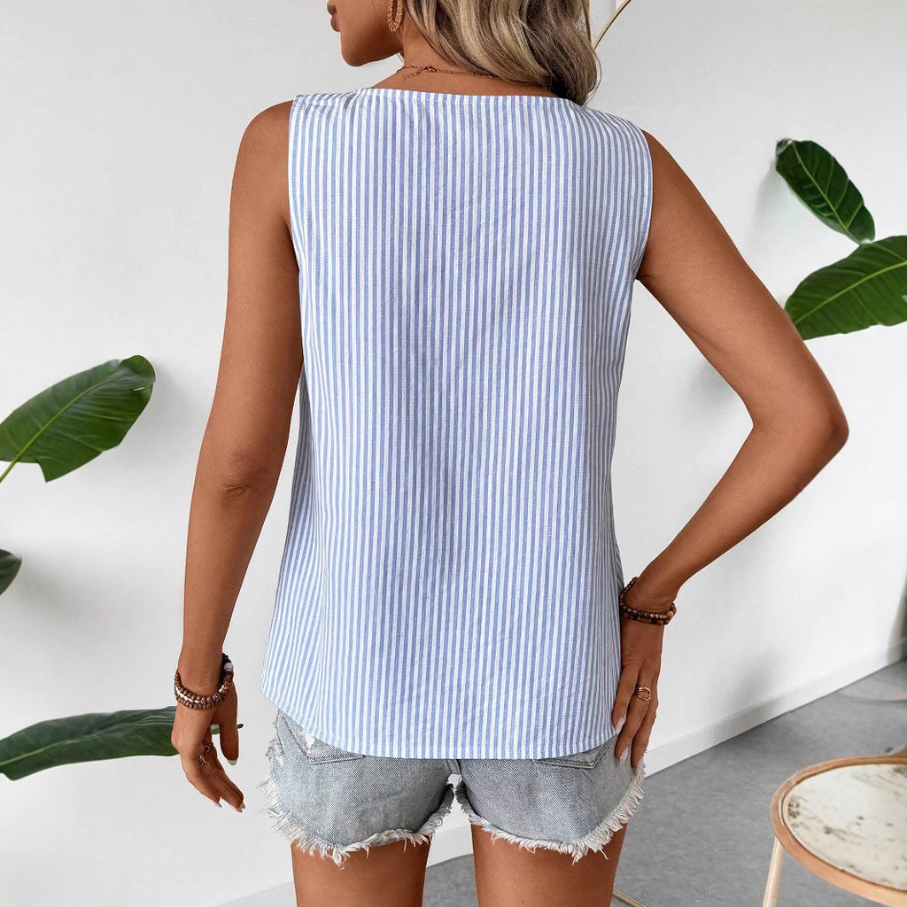 New Women's Casual Slant Collar Sleeveless Regular Pullover Multi-color Striped Women's Top T-shirt - view 2