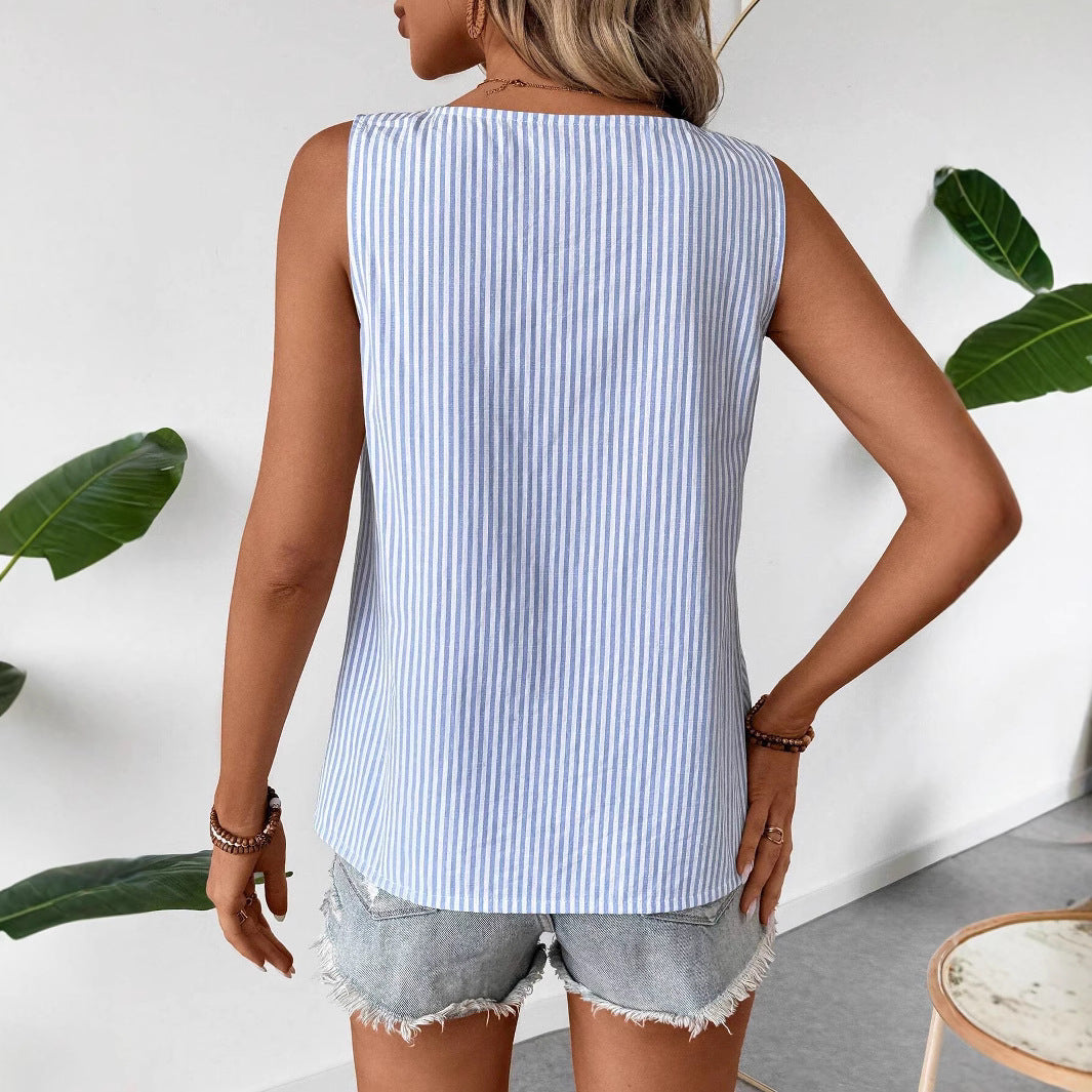 New Women's Casual Slant Collar Sleeveless Regular Pullover Multi-color Striped Women's Top T-shirt - view 2