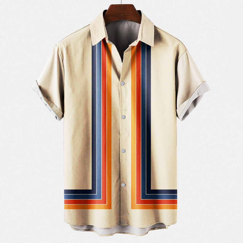 Foreign Trade Summer New Men's Shirt Top Striped Creative 3D Printing Men's Cardigan Lapel Shirt - front view