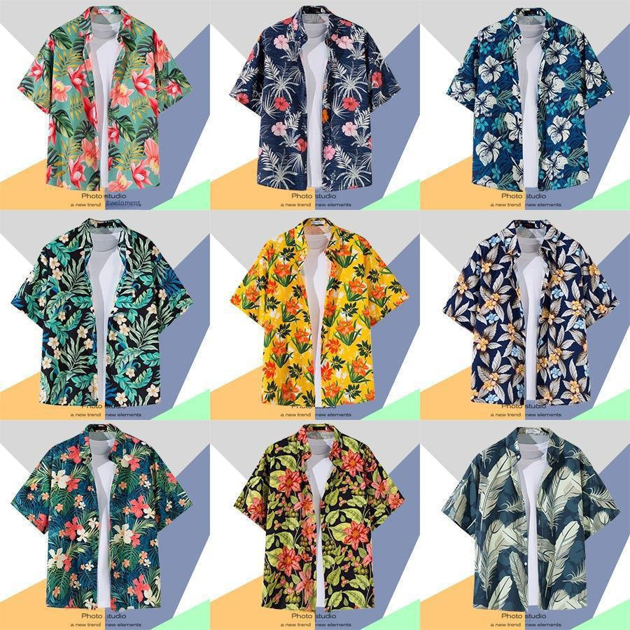Hawaiian Printed Short Sleeve Shirt Men's Beach Foreign Trade For  Men's Shirt Loose Fancy Top - front view