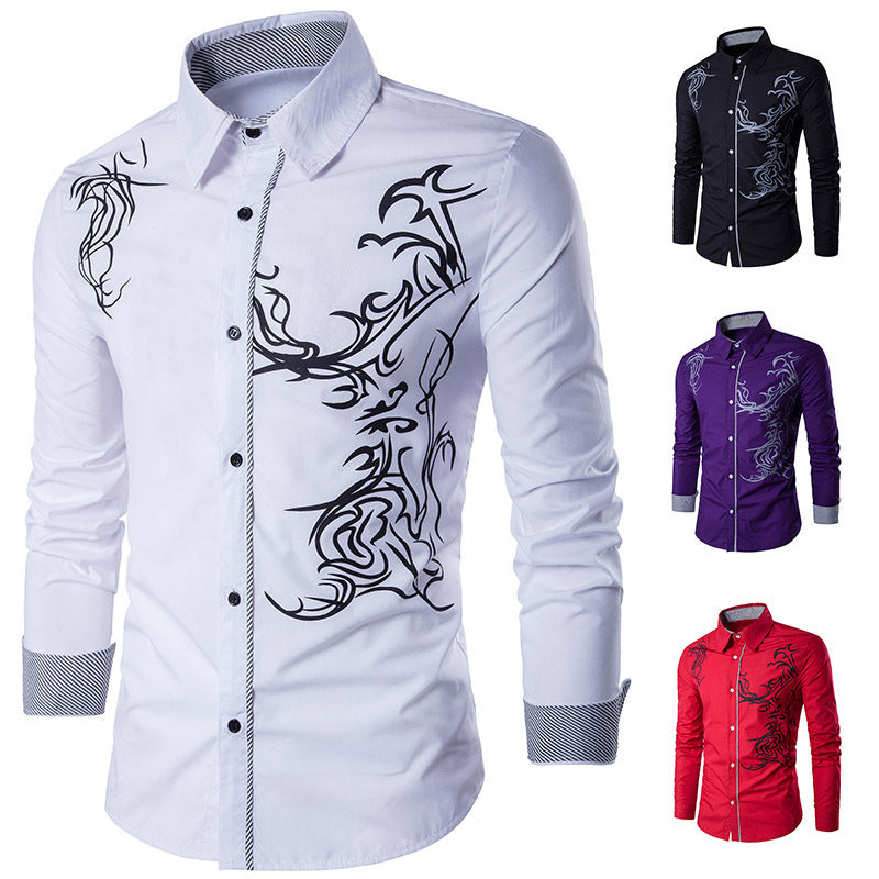 Wish  Foreign Trade Spring New Men's Shirt Men's Long Sleeve Dragon Print Long Sleeve Slim Fit Shirt - front view