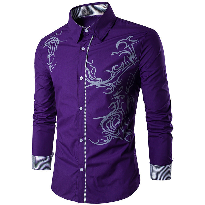 Wish  Foreign Trade Spring New Men's Shirt Men's Long Sleeve Dragon Print Long Sleeve Slim Fit Shirt - view 3