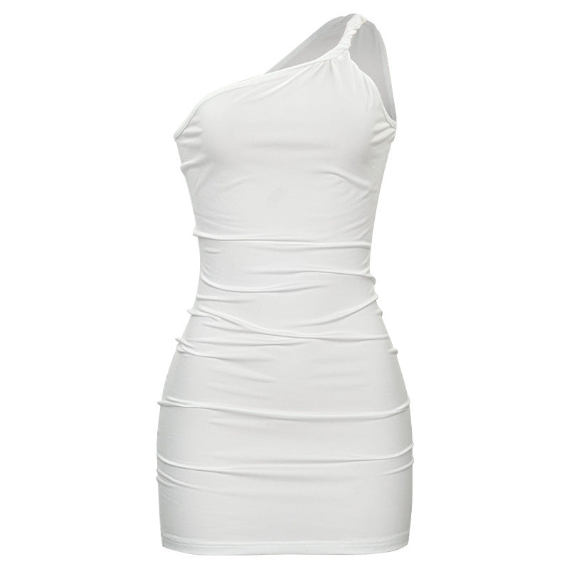 L259DS Europe And The United States   New Solid Color Sleeveless One-sided Oblique Shoulder Short Slim Hip Women's Dress - view 5