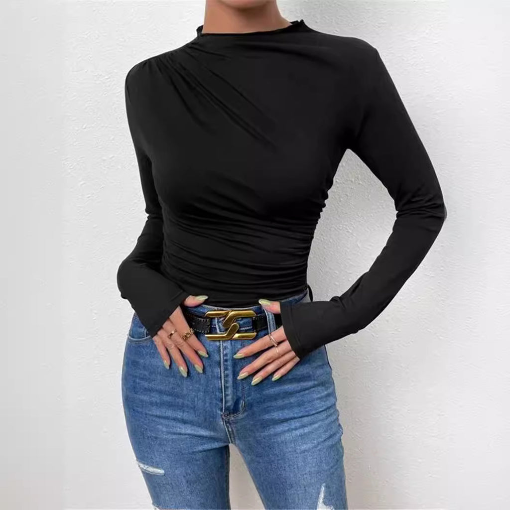 Solid Color Slim Bottoming Shirt Versatile Pleated Design Long Sleeve T-shirt Women's Top - view 2