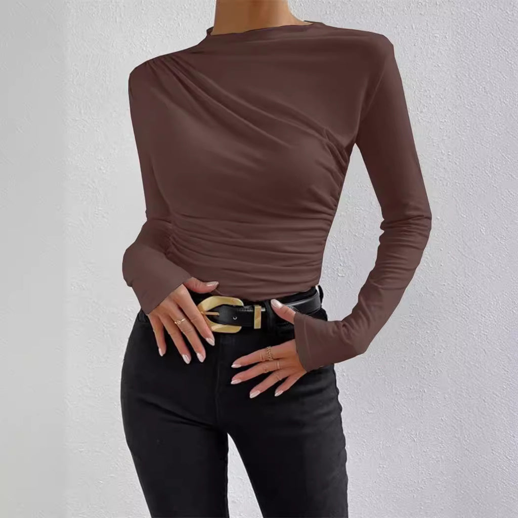 Solid Color Slim Bottoming Shirt Versatile Pleated Design Long Sleeve T-shirt Women's Top - view 4