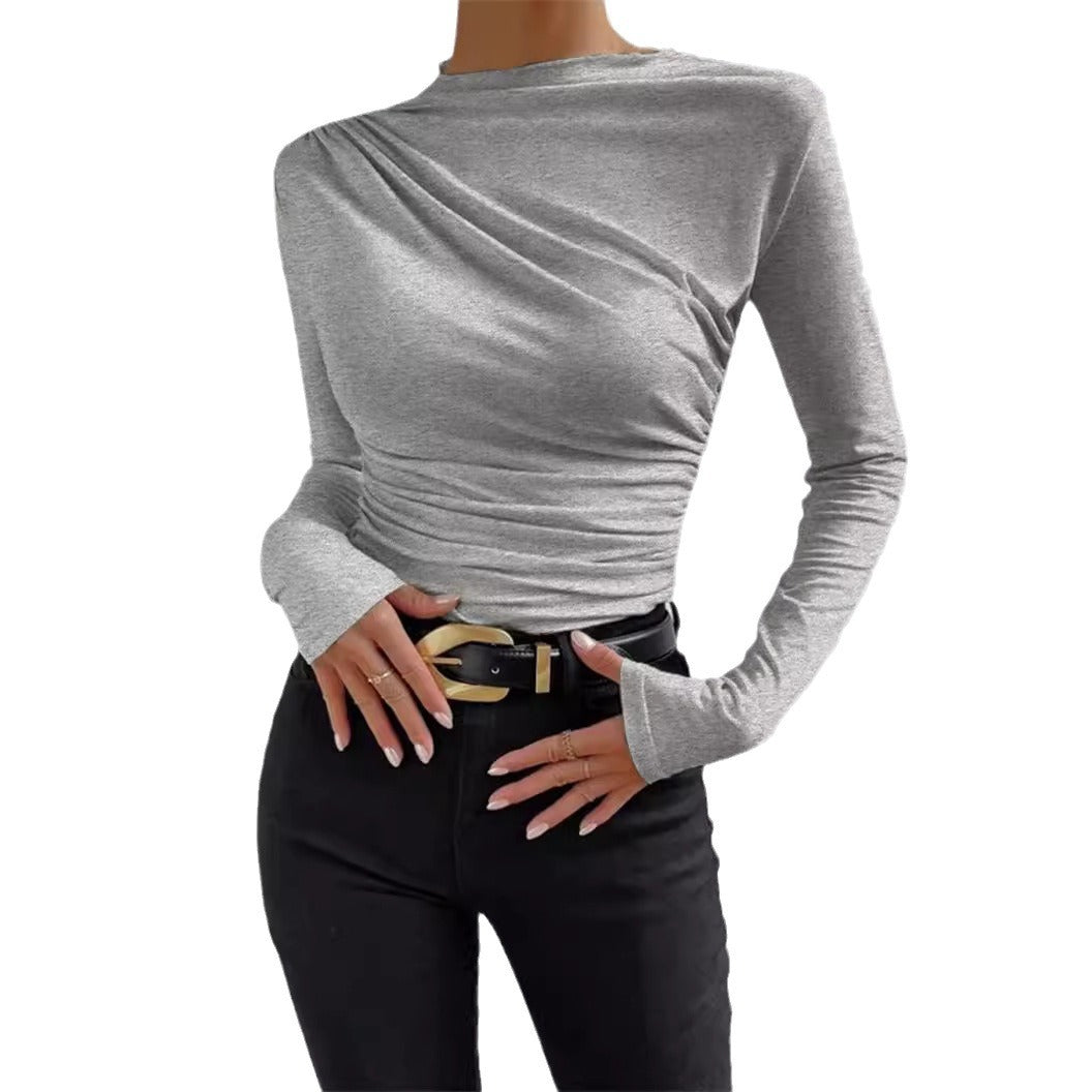 Solid Color Slim Bottoming Shirt Versatile Pleated Design Long Sleeve T-shirt Women's Top - view 5