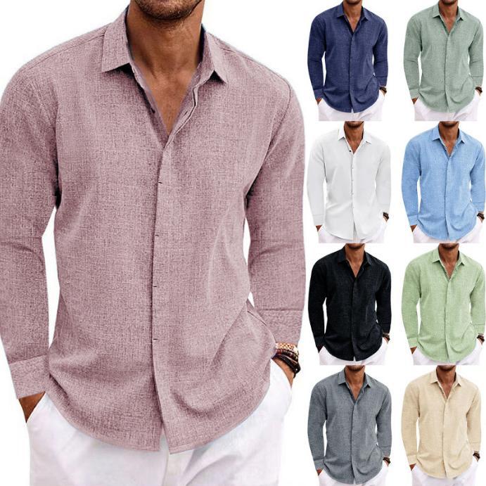 Men's Linen Long-sleeved T-shirt Loose T-shirt Solid Color Long-sleeved Cotton And Linen Shirt Men's Plus Size Men's Shirt - front view