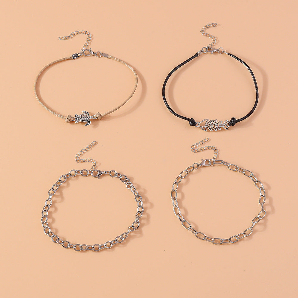 Fashion Simple Stylish Alloy Chain Anklet New Niche Retro Stylish Turtle Fish Bone Anklet Set - view 3