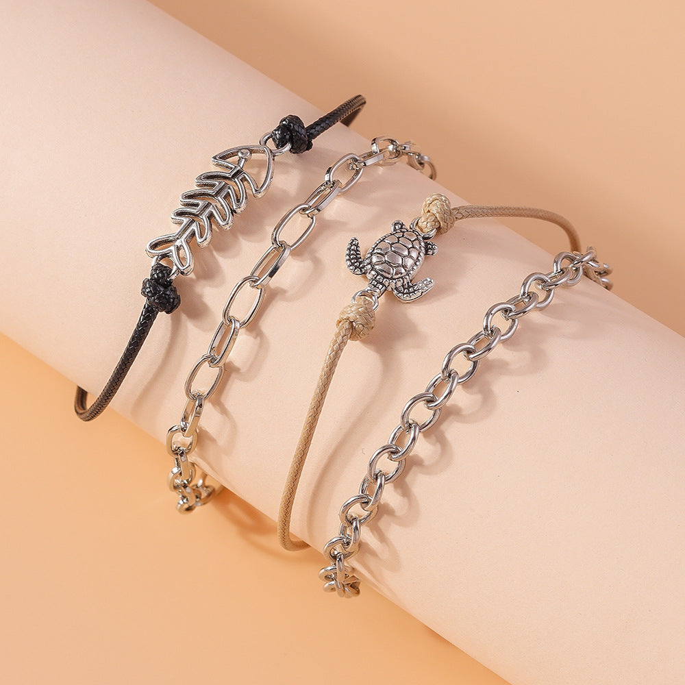 Fashion Simple Stylish Alloy Chain Anklet New Niche Retro Stylish Turtle Fish Bone Anklet Set - view 4