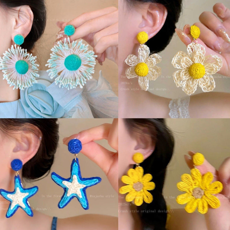 Holiday Island Handmade Sunflower Raffia Grass Earrings Seaside Personality Exaggerated Big Flower Earrings Earrings Wholesale - view 2