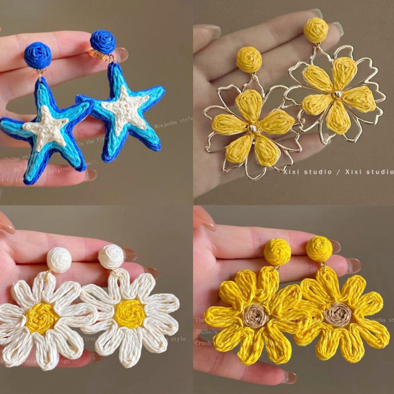 Holiday Island Handmade Sunflower Raffia Grass Earrings Seaside Personality Exaggerated Big Flower Earrings Earrings Wholesale - view 3