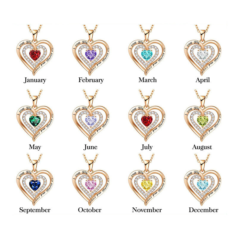 Birthstone Necklace Female Rose Gold Birthday Stone Love Necklace Pendant Diamond Heart-shaped Necklace  Necklace - front view