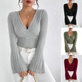 Women's Wear Rib Pit V-neck Slim Long Sleeve T-shirt Women's Top In Autumn And Winter - front view