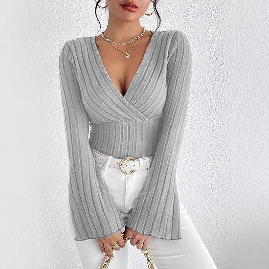 Women's Wear Rib Pit V-neck Slim Long Sleeve T-shirt Women's Top In Autumn And Winter - view 3