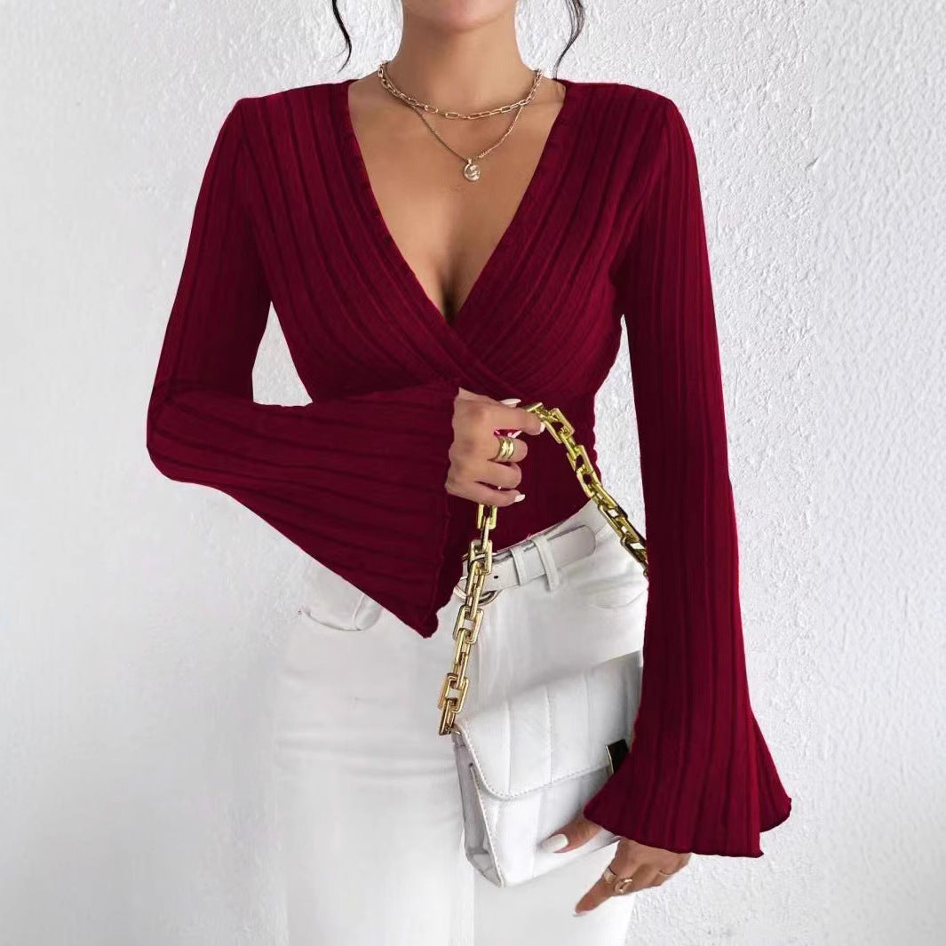 Women's Wear Rib Pit V-neck Slim Long Sleeve T-shirt Women's Top In Autumn And Winter - view 4