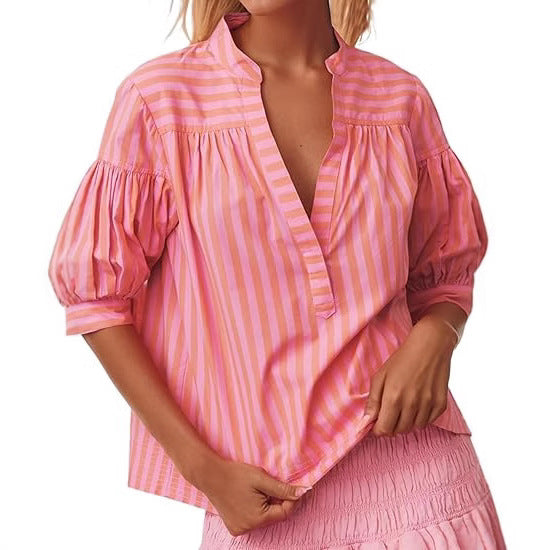 Women's Shirt New Casual Striped Stitching Open Barrel V-neck Women's Top Foreign Trade New Products - view 2