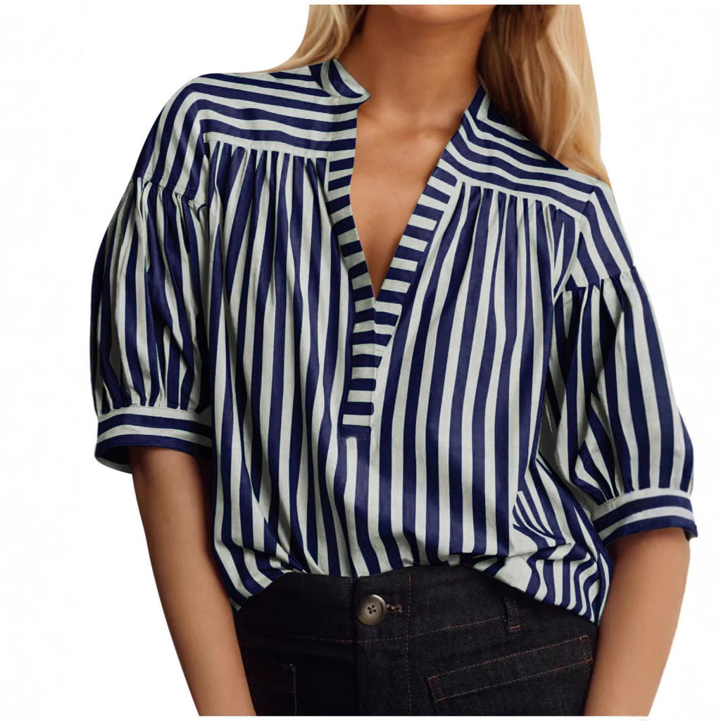Women's Shirt New Casual Striped Stitching Open Barrel V-neck Women's Top Foreign Trade New Products - view 3