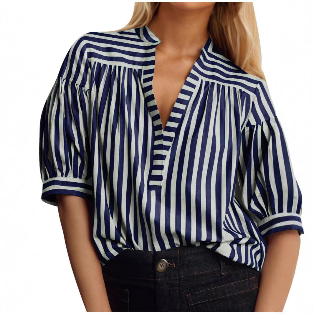 Women's Shirt New Casual Striped Stitching Open Barrel V-neck Women's Top Foreign Trade New Products - view 3