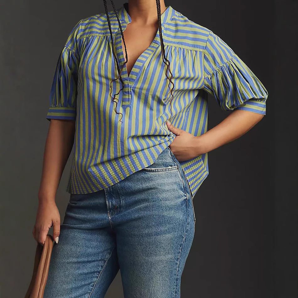 Women's Shirt New Casual Striped Stitching Open Barrel V-neck Women's Top Foreign Trade New Products - view 4
