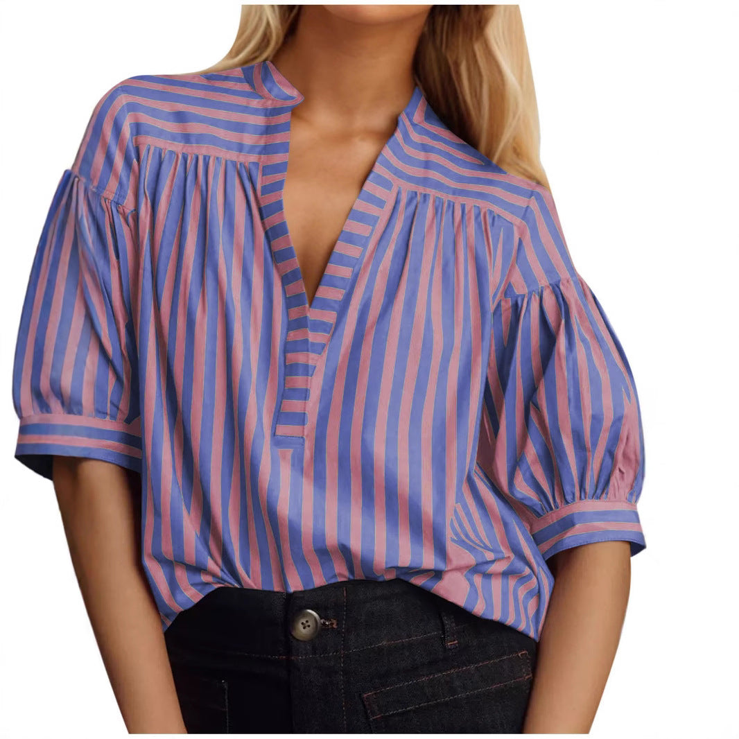 Women's Shirt New Casual Striped Stitching Open Barrel V-neck Women's Top Foreign Trade New Products - view 5