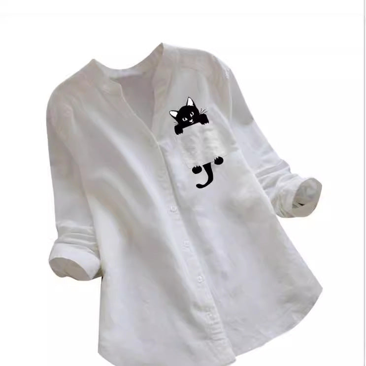 Explosions Women's Top  New Cotton And Linen Print Long Sleeve Plus Size Casual Loose Shirt - view 3