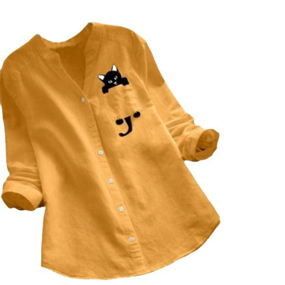Explosions Women's Top  New Cotton And Linen Print Long Sleeve Plus Size Casual Loose Shirt - view 5