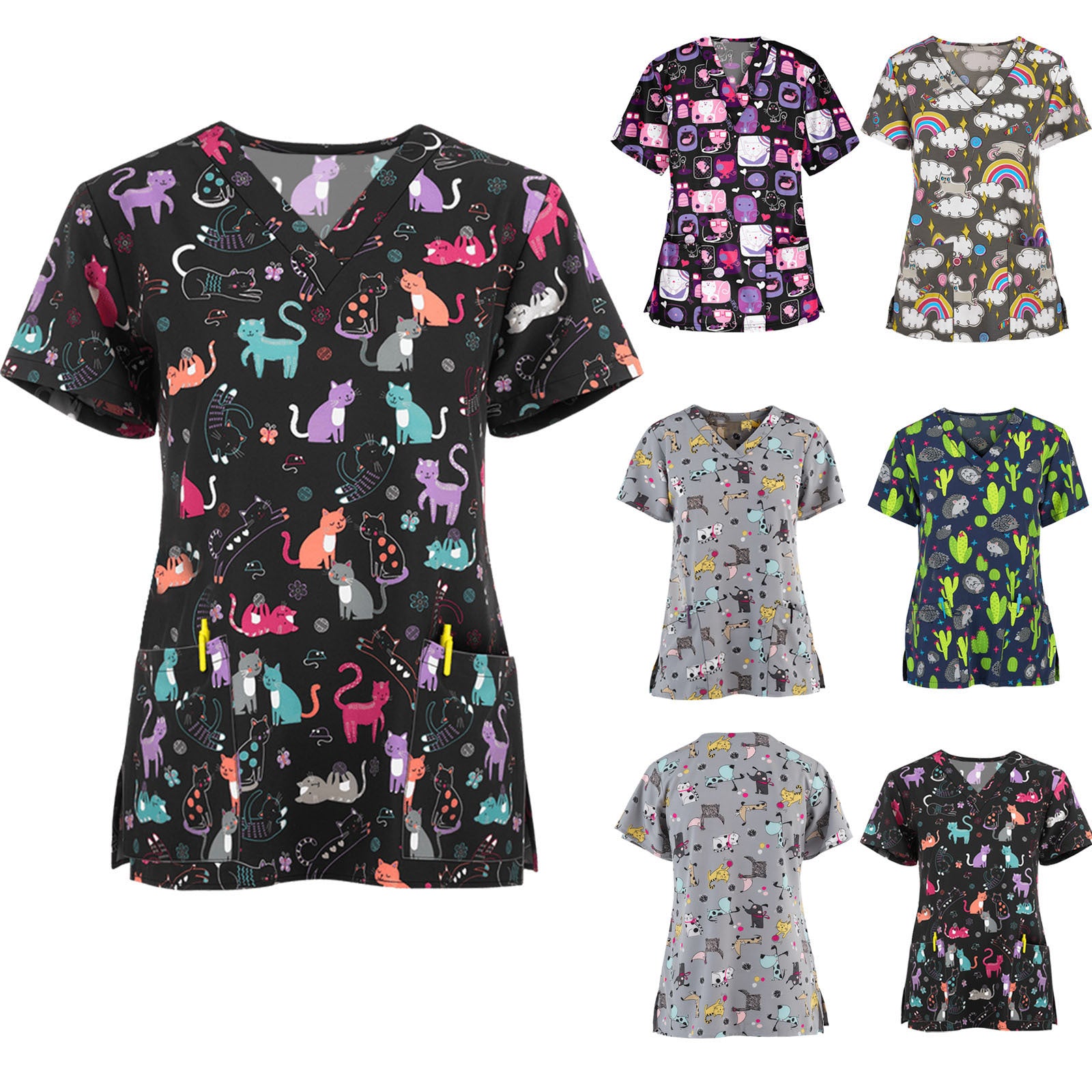 Spring And Summer New Pullover Print Nurses' Uniform T-shirt Women's Top - front view
