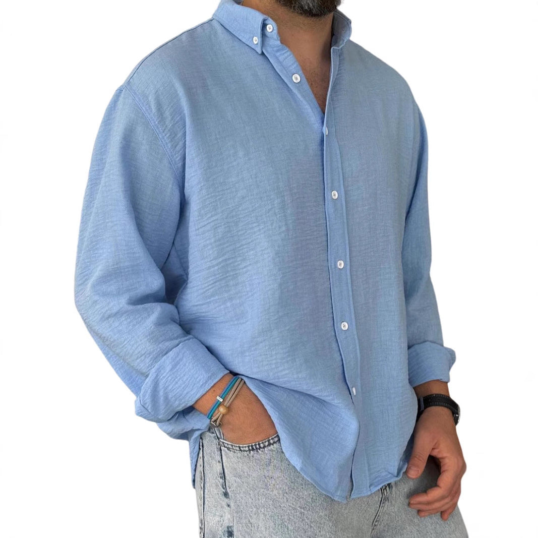 New Shirt Men's Foreign Trade Washed Cotton Button Long Sleeve Men's Shirt - front view