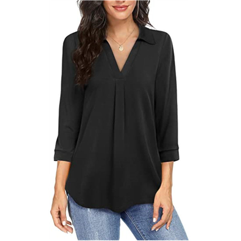 Elegant Chiffon Women's Clothing  Button Loose V-neck 3/4 Sleeves Shirt Women's Top - view 2