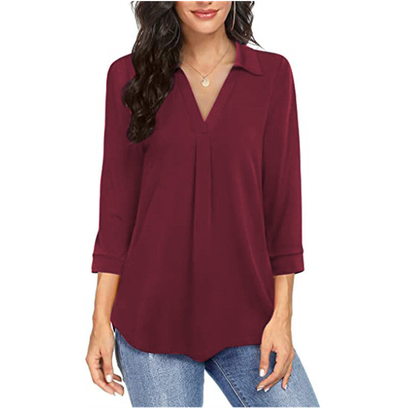 Elegant Chiffon Women's Clothing  Button Loose V-neck 3/4 Sleeves Shirt Women's Top - view 3