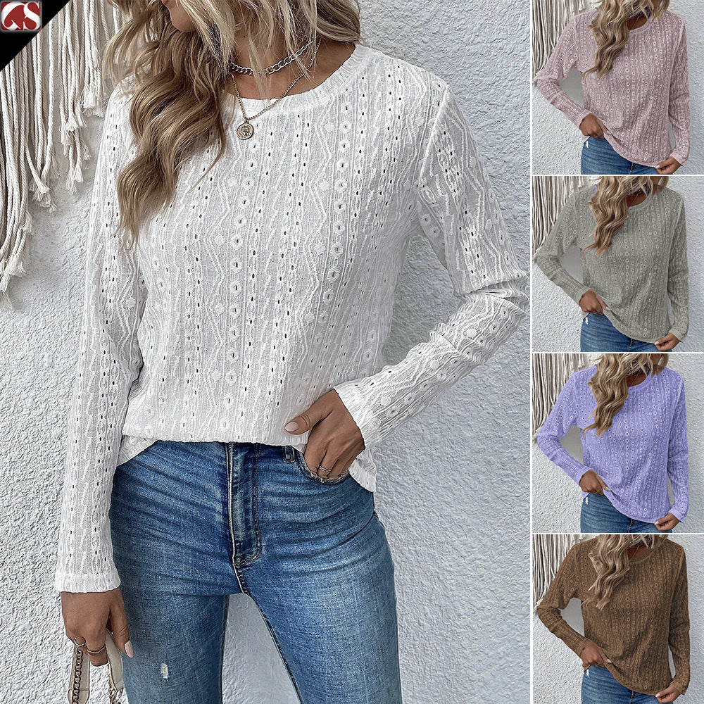 Style  Women's Tops,  Brand, Pullover Round Collar Design, Jacquard Lace Decoration, Leisure Commute T-shirt - front view