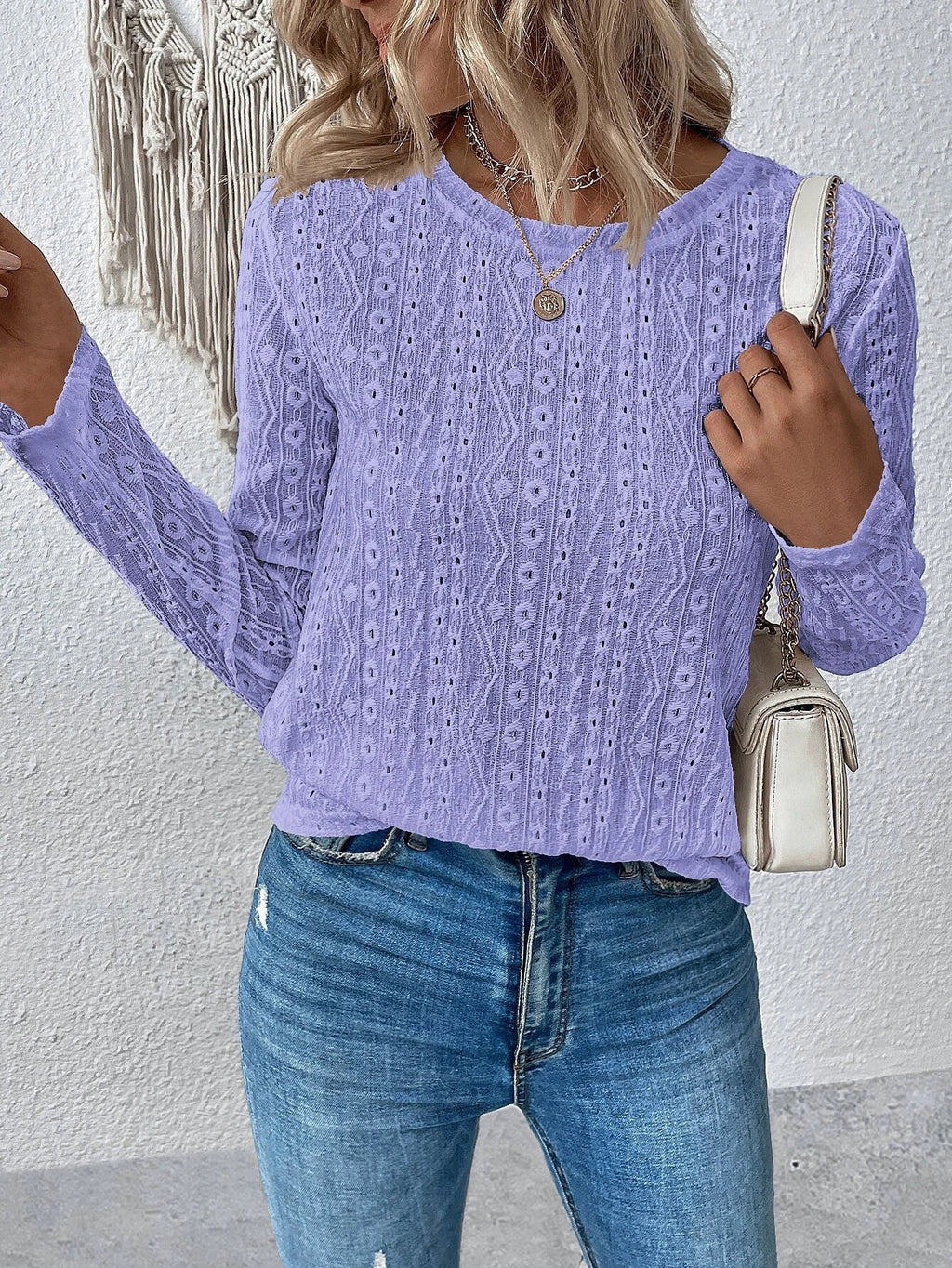 Style  Women's Tops,  Brand, Pullover Round Collar Design, Jacquard Lace Decoration, Leisure Commute T-shirt - view 4