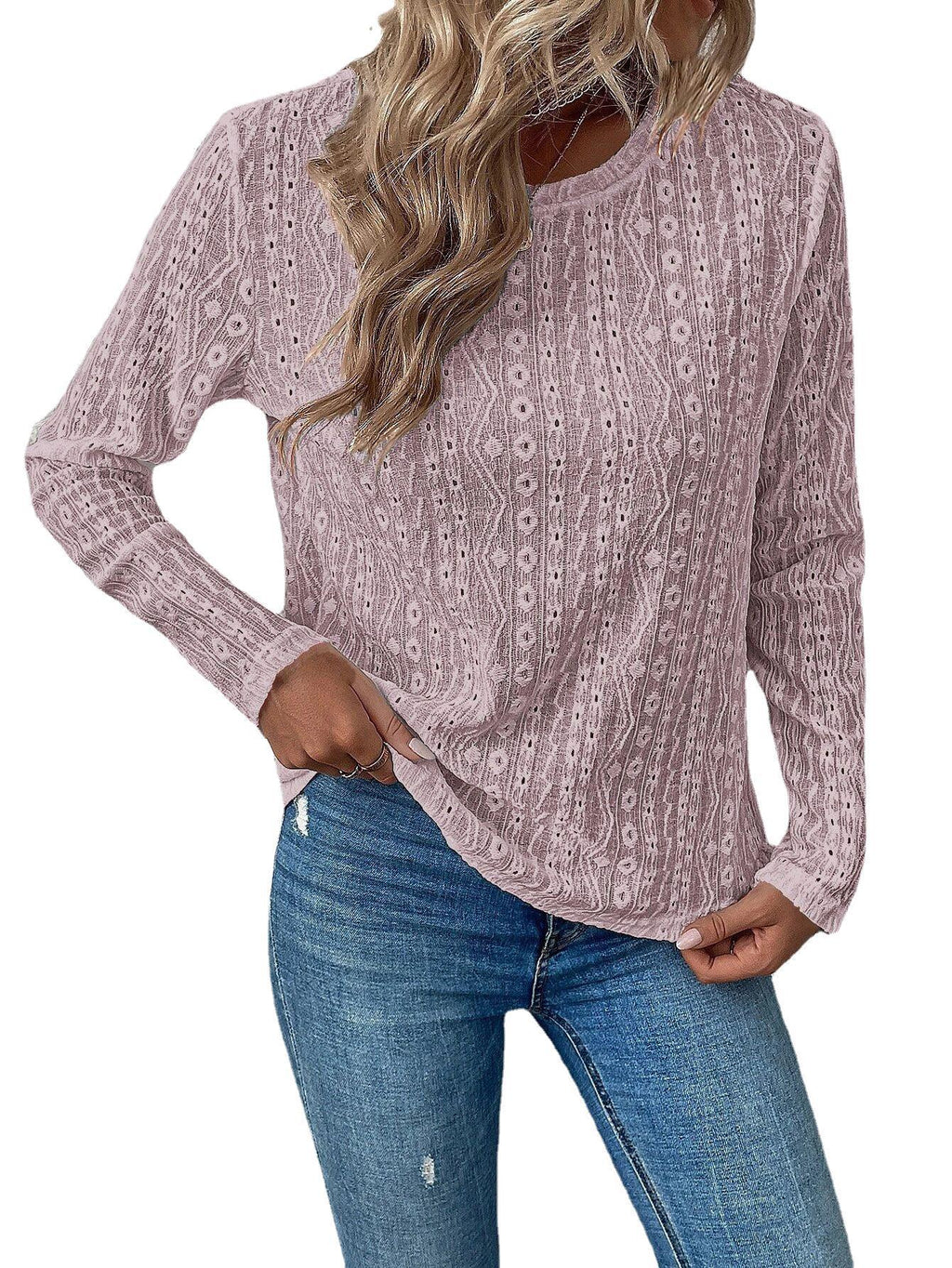 Style  Women's Tops,  Brand, Pullover Round Collar Design, Jacquard Lace Decoration, Leisure Commute T-shirt - view 5