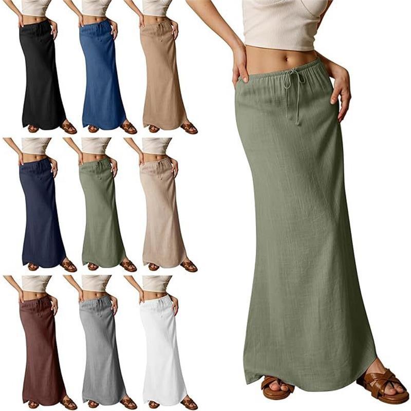 New Women's Dress, Summer Fashion, Comfortable Drawstring Waist A- Line Skirt, Long Elegant Skirt - front view