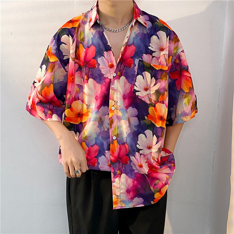 Hawaiian Floral Print Loose Short Sleeve Men's Shirt Summer Thin Casual Bohemian Fashion Polyester Fabric Square Collar - front view