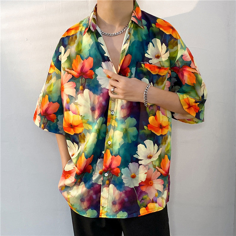 Hawaiian Floral Print Loose Short Sleeve Men's Shirt Summer Thin Casual Bohemian Fashion Polyester Fabric Square Collar - view 2
