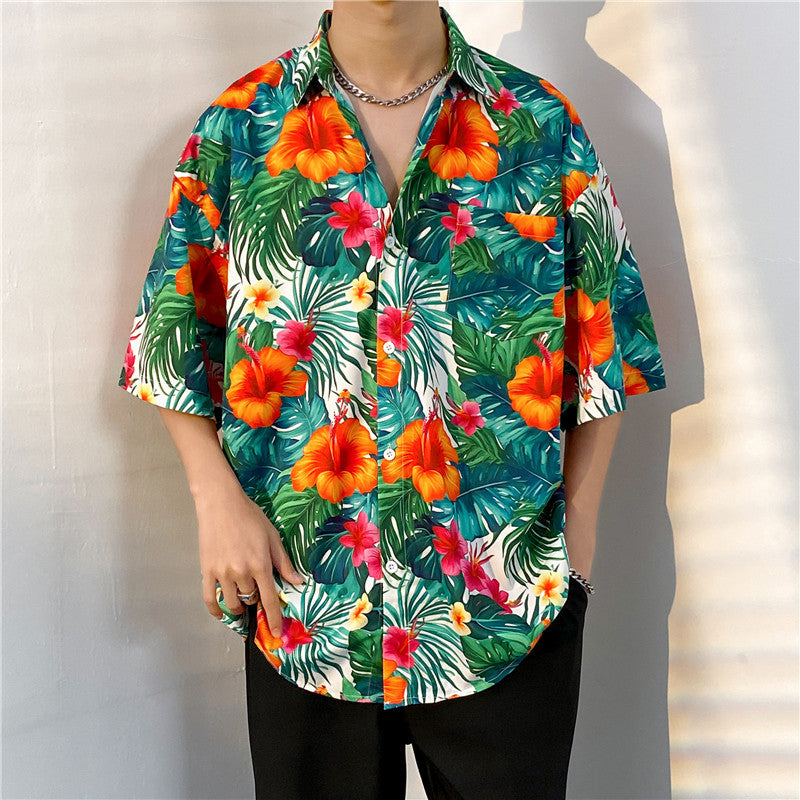 Hawaiian Floral Print Loose Short Sleeve Men's Shirt Summer Thin Casual Bohemian Fashion Polyester Fabric Square Collar - view 3