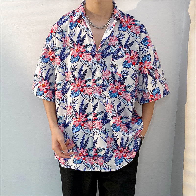 Hawaiian Floral Print Loose Short Sleeve Men's Shirt Summer Thin Casual Bohemian Fashion Polyester Fabric Square Collar - view 4