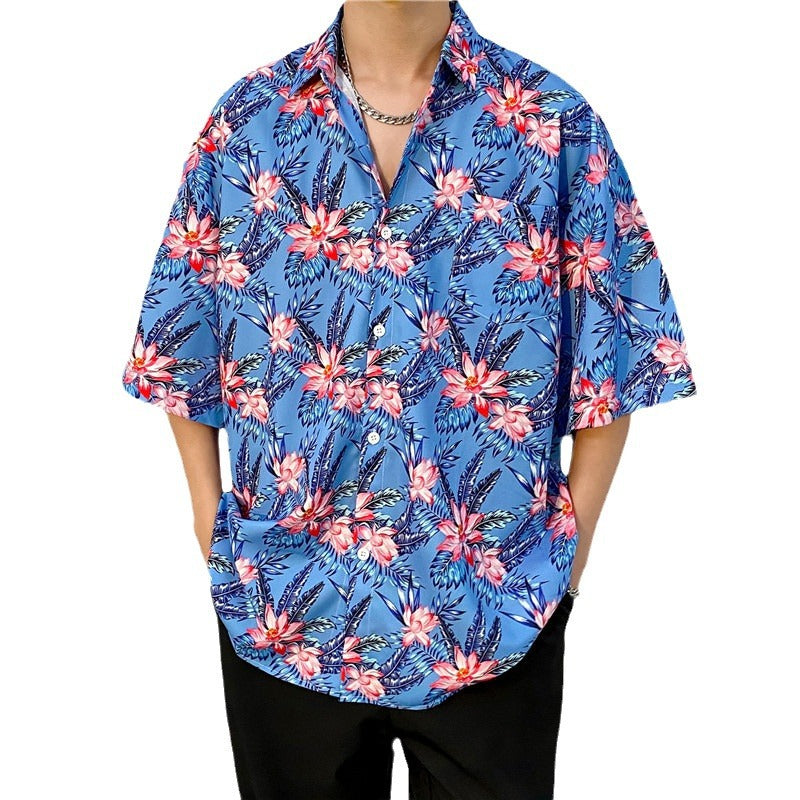 Hawaiian Floral Print Loose Short Sleeve Men's Shirt Summer Thin Casual Bohemian Fashion Polyester Fabric Square Collar - view 5