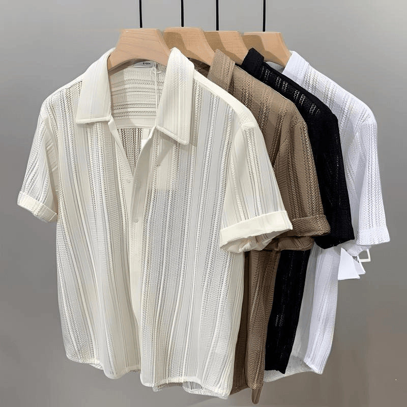 New High-Grade Hollow-out Lapel Short-Sleeved Men's Shirt Summer Thin Loose Shirt Men's Casual Top - front view