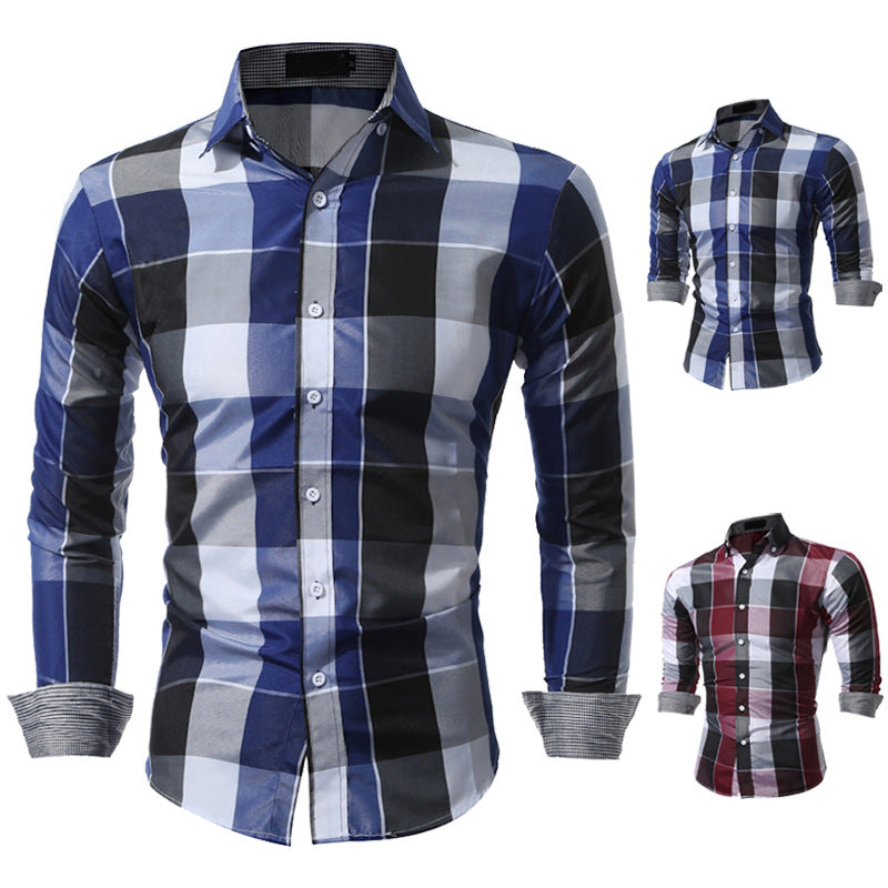 Wholesale Men's Polyester Casual British Style Plaid Long Sleeve Men's Shirts - front view