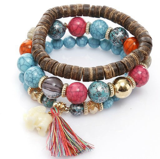Fashion All-Match Cute Elephant Bracelet Multi-Layer Handmade Beaded Bracelet Turquoise Wood Tassel Bracelet - front view
