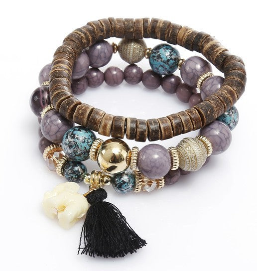 Fashion All-Match Cute Elephant Bracelet Multi-Layer Handmade Beaded Bracelet Turquoise Wood Tassel Bracelet - view 3