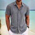 Wholesale Men's Linen Polyester Casual Solid Color Short Sleeve Men's Shirts - front view